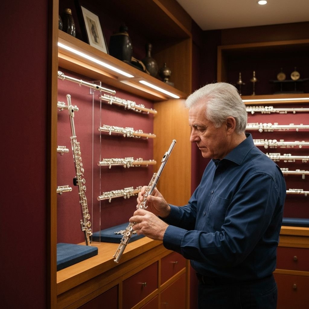 Especialista avaliando uma flauta em uma loja de instrumentos profissionais